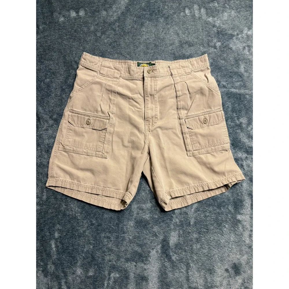Cabelas Cargo Safari Shorts Mens 34 Tan Khaki 100% Cotton Canvas 7in Inseam